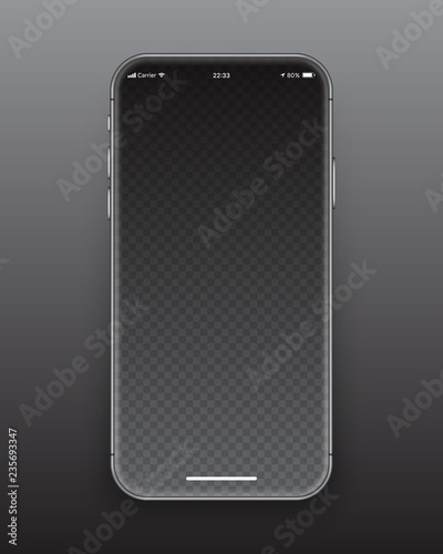 Photo Realistic Frameless Smartphone Blank Screen Vector Mockup Isolated on Dark Gray Background for Mobile Application, Web Site, Game, Business, Presentation, Social Network UI UX Design Template