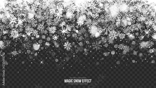 Vector Merry Christmas Magic Falling Snow Border with Realistic Bright Snowflakes and Lights Overlay on Transparent Background. Xmas and Happy New Year Holidays Abstract Illustration. Design Template