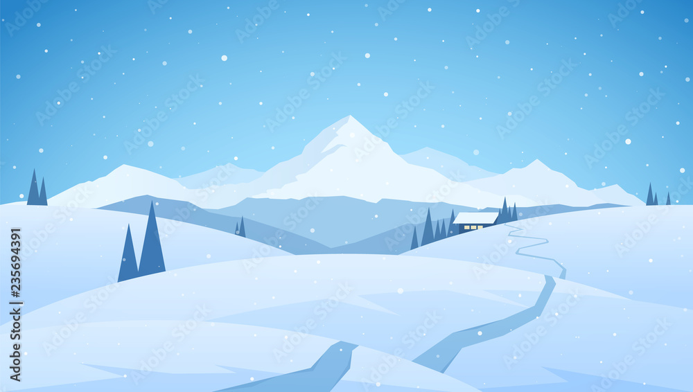 Winter snowy mountains flat landscape with path to cartoon house. Christmas  background Stock Vector | Adobe Stock