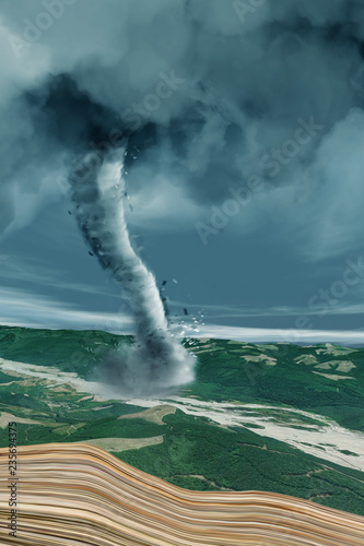 Un tornado è una colonna d'aria che ruota rapidamente e che è in contatto sia con la superficie della Terra che con una nuvola cumulonembo. Tornado che attraversa una valle photo
