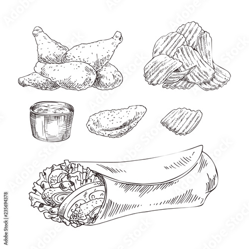 Fast food set hand drawn vector monochrome sketch