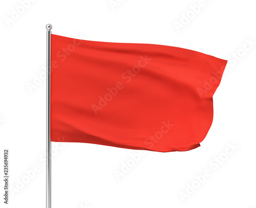 Obraz na plátně 3d rendering of red flag hanging on post and wavering on a white background