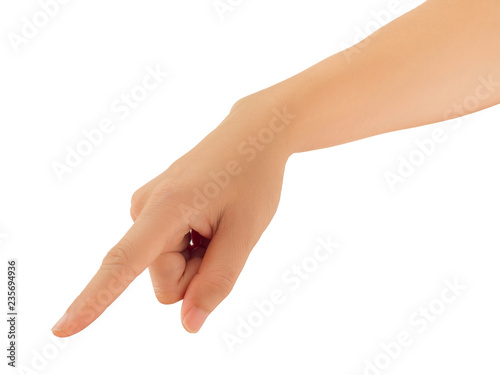 Human hand in forefinger pointer, touch, strike slightly or command gesture isolate on white background with clipping path, High resolution and low contrast for retouch or graphic design