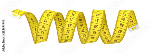 Obraz na plátně 3d rendering of a yellow measuring tape in the shape of a spiral isolated on white background
