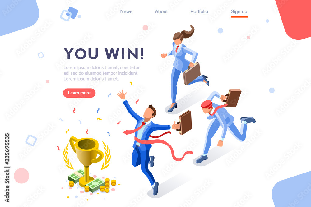 Cup challenge reward, top prize, happy target images. Luck on competition, financial event, fortune and victory for the growth. Winner with coins and employees. Flat isometric vector illustration.