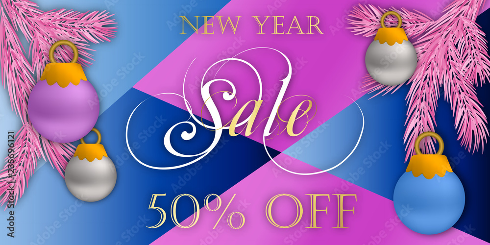 Naklejka premium Creative template for sales and advertising Happy New Year. stylish inscription on the background of Christmas trees and balls. modern concept of product promotion