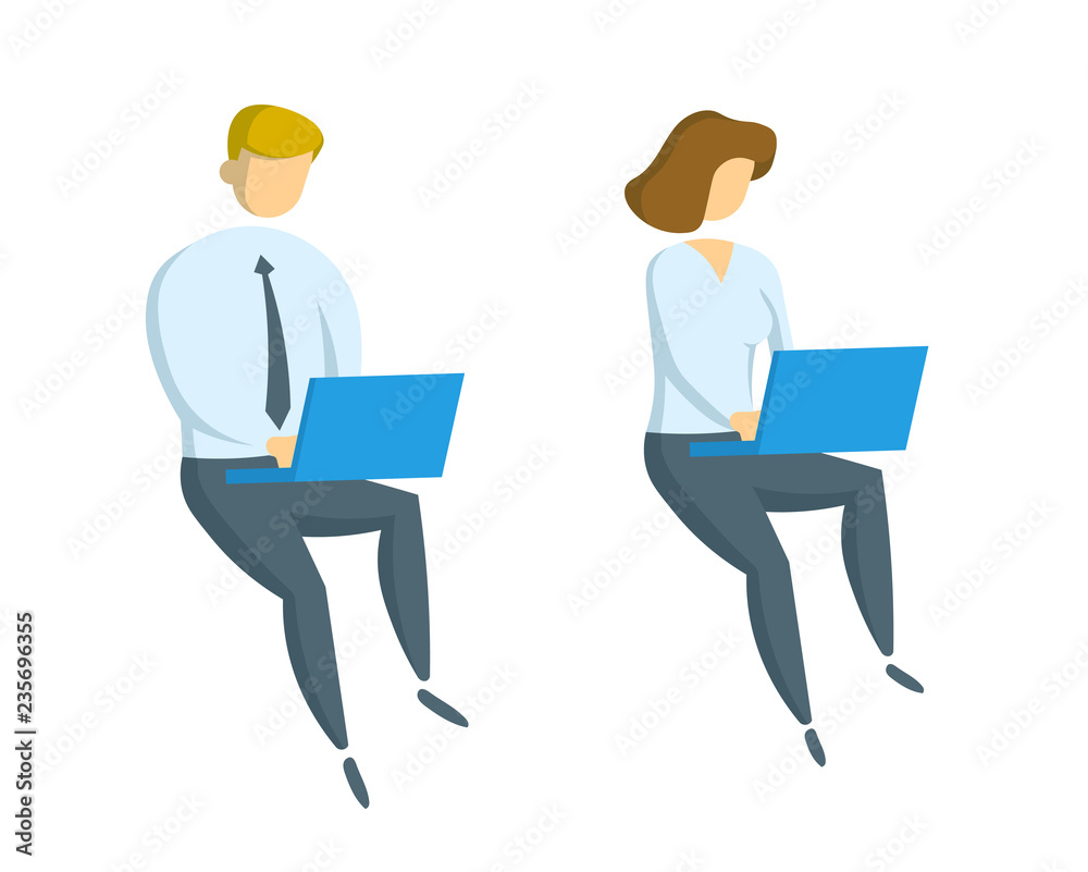 Businessman and businesslady working at the laptop. Office, business and communication. Pair of icons. Flat vector illustration. Isolated on white background.