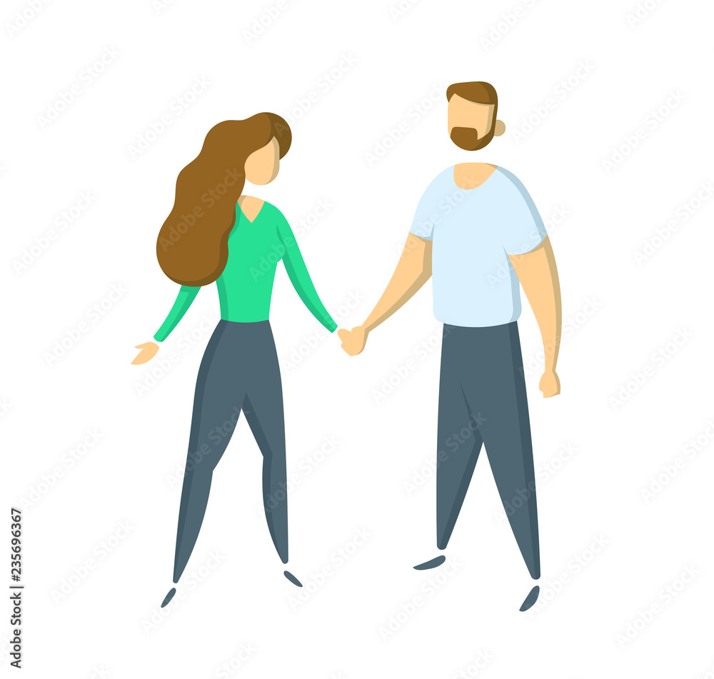 Young casually dressed couple standing holding hands. Simple style. Flat vector illustration. Isolated on white background.