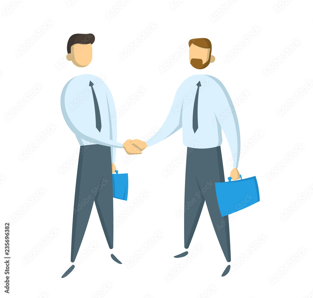 Meeting of two businessmen and business handshake. Flat vector illustration. Isolated on white background. Meeting of two businessmen and business handshake. Flat vector illustration. Isolated on white background.