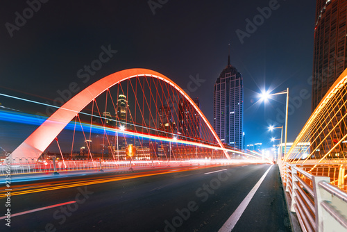 abstract image of blur motion of cars on the city road at night，Modern urban architecture in tianjin, China