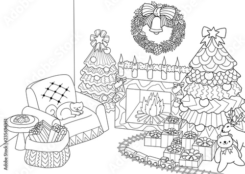 Coloring book, Coloring page of zentangle stylized Christmas tree,fireplace,armchair for Santa clause, Christmas wreath and presents.Vector illustration photo