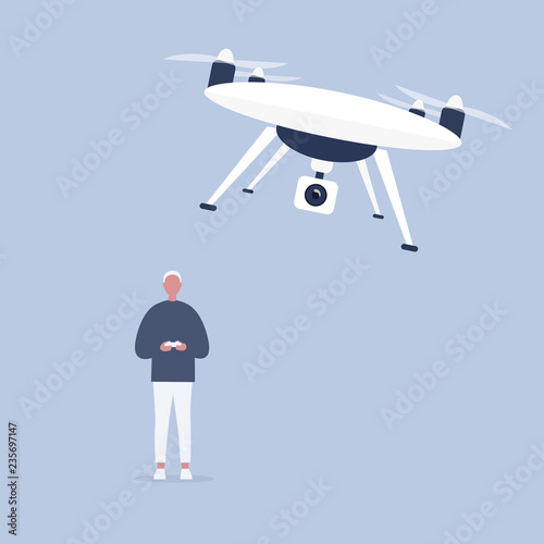 New technologies. Young male character controlling a drone with a remote controller / flat editable vector illustration, clip art