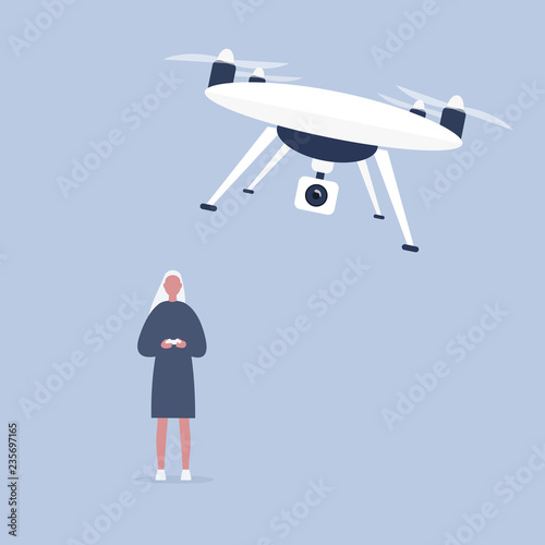 New technologies. Young female character controlling a drone with a remote controller / flat editable vector illustration, clip art