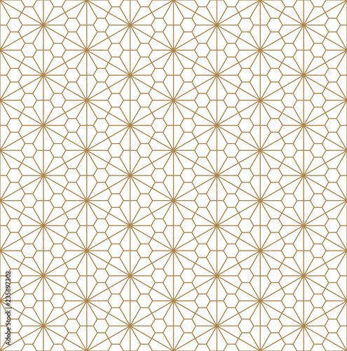 Japanese seamless Kumiko pattern in golden silhouette with fine lines.