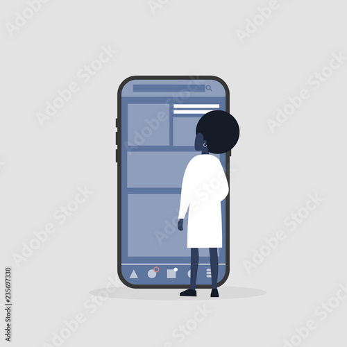 Young black female character standing in front of the  smartphone screen. Social media life. Digital space. Millennial user. Flat editable vector illustration, clip art