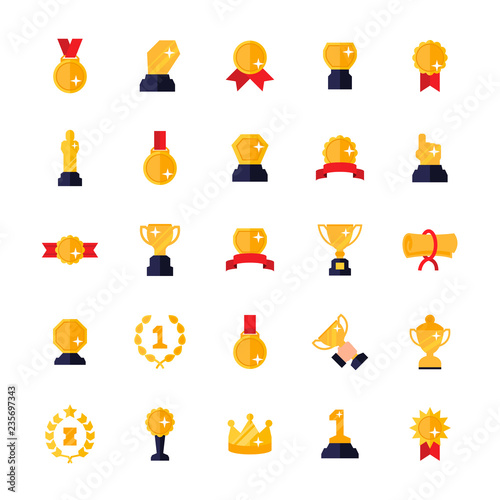 Vector awards and trophy icon set in flat style.