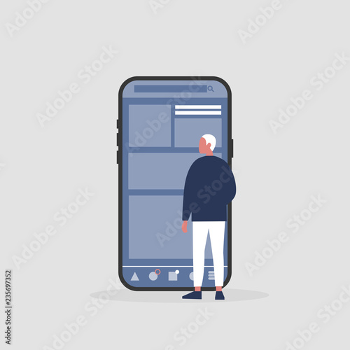 Young male character standing in front of the  smartphone screen. Social media life. Digital space. Millennial user. Flat editable vector illustration, clip art