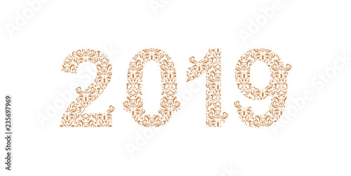 Number 2019 year patterned with floral shapes, isolated on white. 2019 for decorate calendar, banner, poster, invitation, card, adult coloring book.