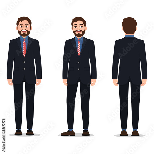 Man dressed in a stylish business suit, standing in various poses