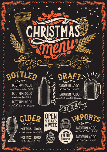 Christmas menu template for beer restaurant on a blackboard.
