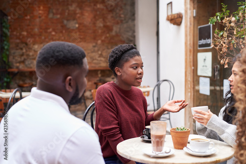 Obraz na plátně Diverse friends talking over drinks in a trendy cafe courtyard