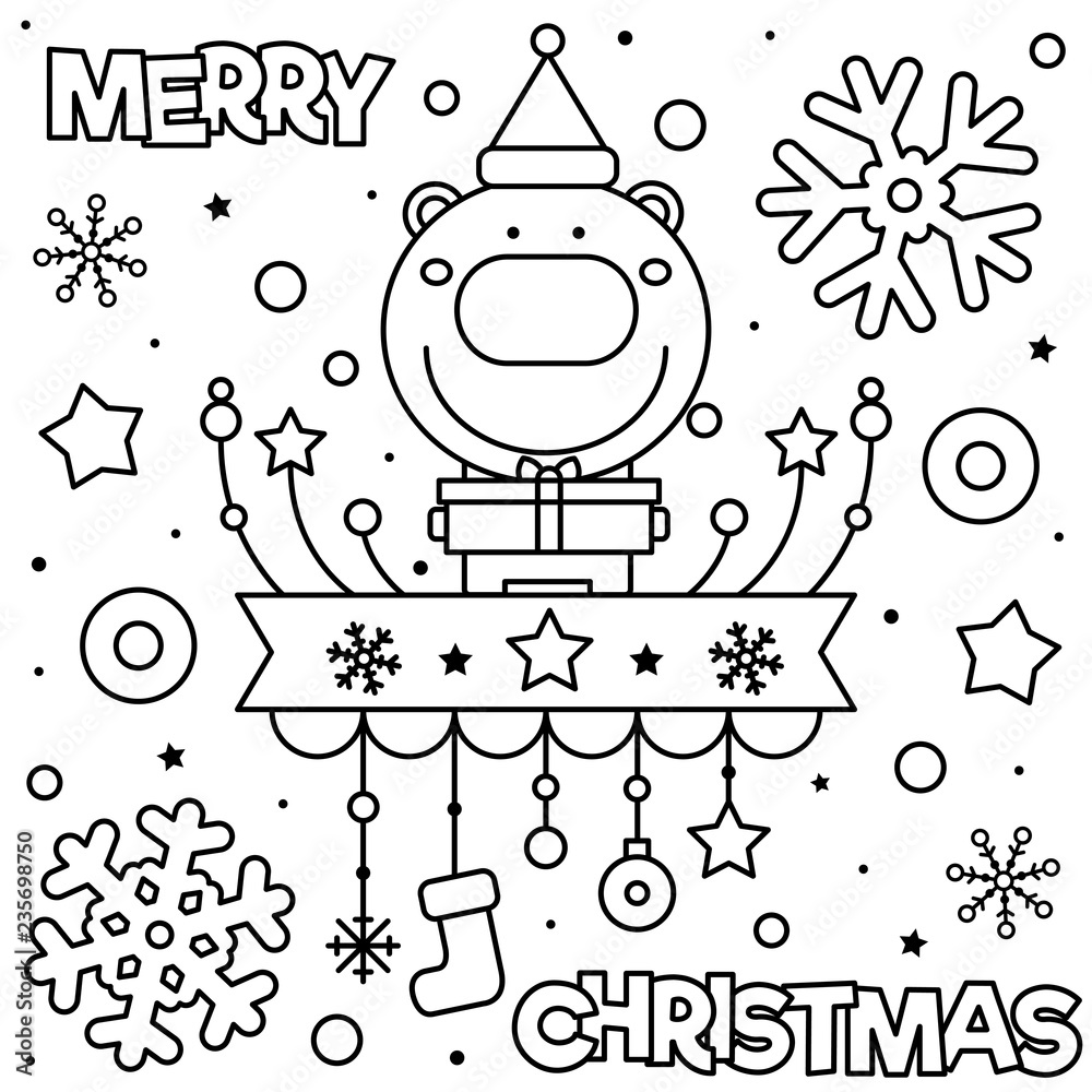 Merry Christmas. Coloring page. Black and white vector illustration