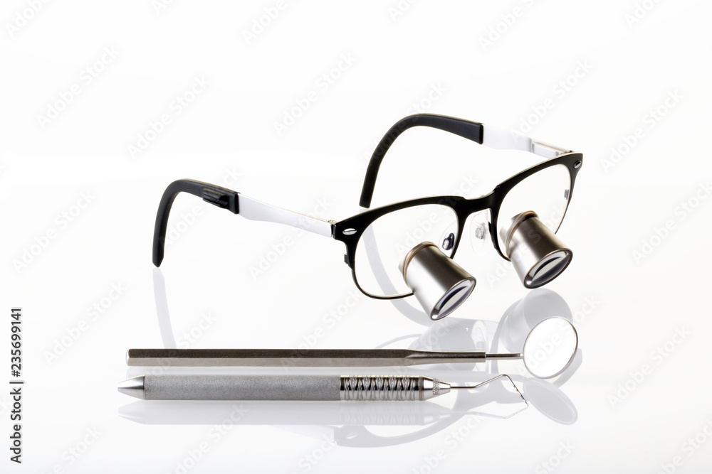 custom made wallpaper toronto digitalDentist dental tools equipment on white background, loupes, surgical loupes, dental probe and mirror. Dental concept. Dentist Concept. Dental background.- Image