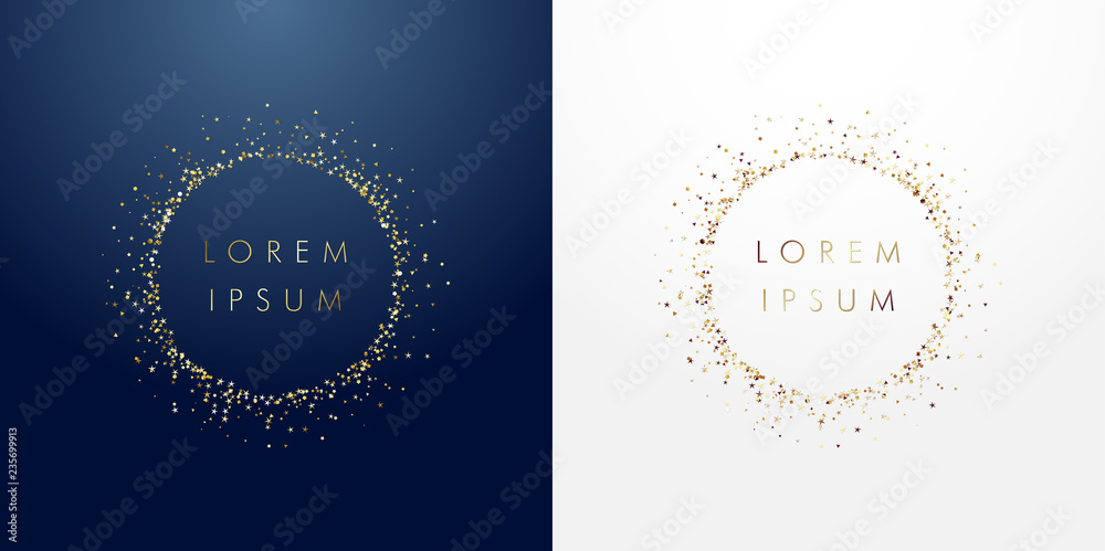 Golden sparkling ring with dust glitter graphic on dark blue and white background. Glorious decorative glowing shiny design. Discount sign with empty center. Letter O vector logotype or zero label. - obrazy, fototapety, plakaty 