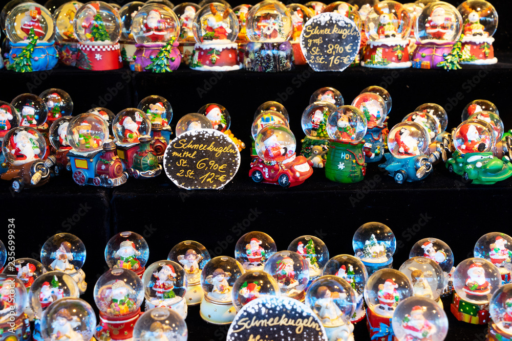 Christmas market kiosk details with christmas souvenirs and decorations