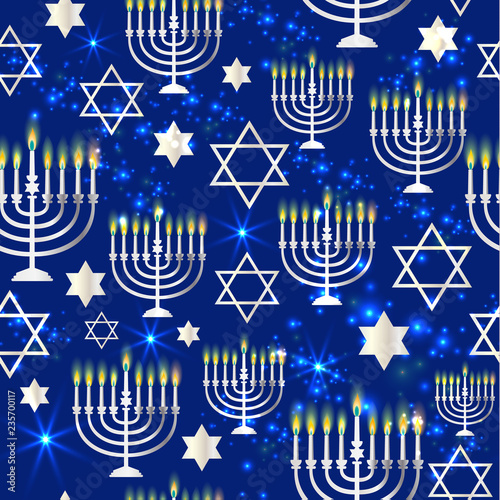 Happy Hanukkah Shining Background with Menorah, David Star and Bokeh Effect. Seamless pattern on dark.