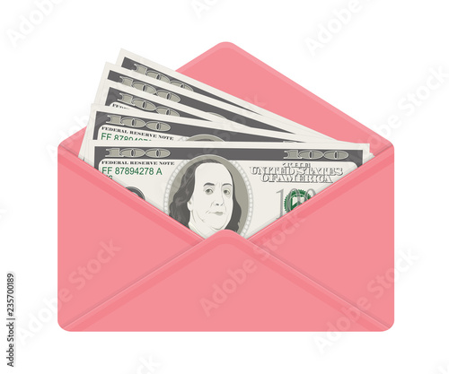 USA banking currency in open pink envelope, one hundred dollar bills.