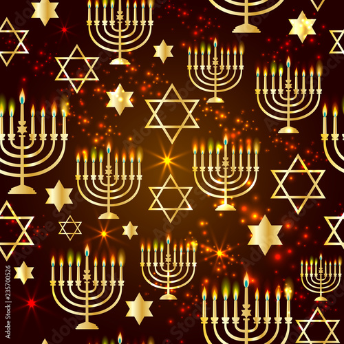 Happy Hanukkah Shining Background with Menorah, David Star and Bokeh Effect. Seamless pattern on dark.