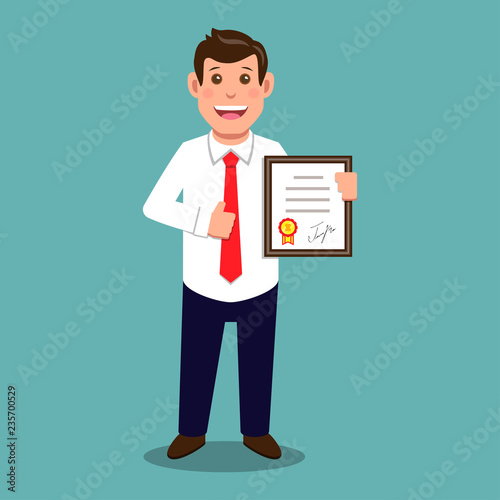 Businessman with diploma,award in flat style. Vector illustration.