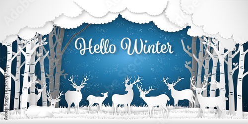 Paper art , cut and digital craft style of Reindeers or deers in forest in the snow wintry season with trees as Merry Christmas and Hello Winter concept. vector illustration