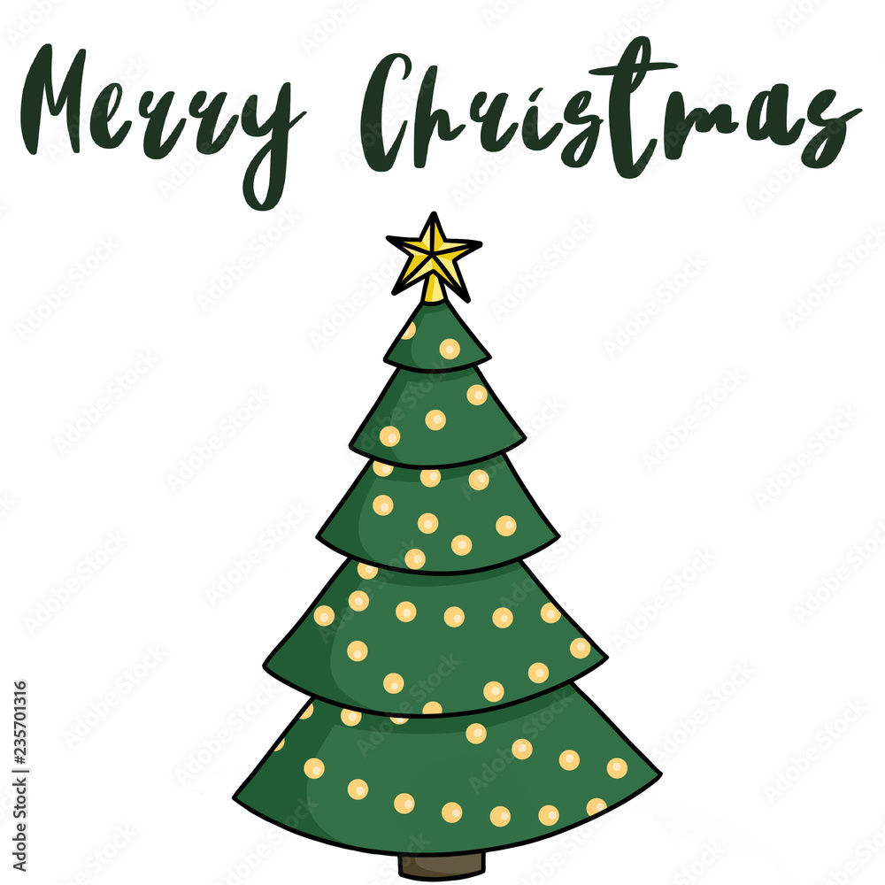 Naklejka premium Merry Christmas text, handwritten sign on christmas tree with gold star and lights, isolated on white. Hand drawn illustration of cartoon christmas tree. Seasonal greeting card