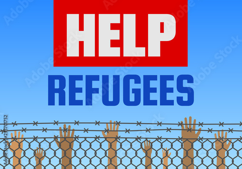 human raising hands behind fence barbed wire .help refugees concept