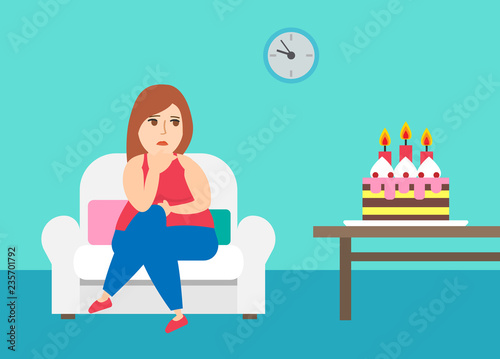 fat woman sitting on the chair and loking on cake on the table.dieting concept