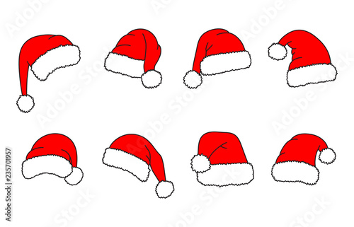 Santa hats - vector set. Christmas hats collection. Red cap. Vector illustration isolated