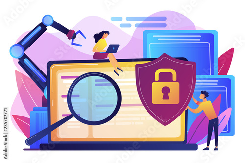 Developers, robot work at laptop with magnifier. Industrial cybersecurity, industrial robotics malware, safeguarding of industrial robotics concept. Bright vibrant violet vector isolated illustration