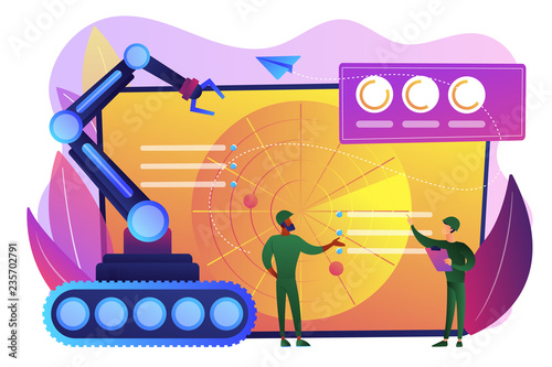 Soldiers at radar planning to use robot for military actions. Military robotics, automated army machinery, military robot technologies concept. Bright vibrant violet vector isolated illustration