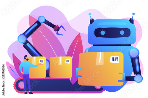 Robot substituting human working with boxes on conveyor belt and robotic arm. Labor substitution, man versus robot, robotics labor control concept. Bright vibrant violet vector isolated illustration