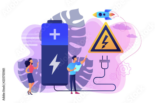 Engineers make recharging battery safe with plug and high voltage warning sign. Safety battery, protected energy device, battery safety use concept. Bright vibrant violet vector isolated illustration