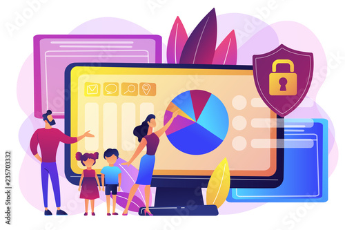 Parents with children using content control software. Parental control software, restricted access for children, media content limitations concept. Bright vibrant violet vector isolated illustration