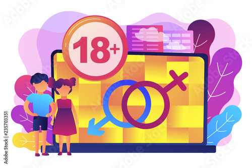 Children at laptop with adult content restriction for inappropriate video. Adult content, sexual content notification, 18 age restriction concept. Bright vibrant violet vector isolated illustration
