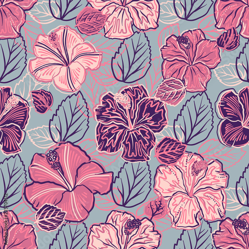Vector illustration of seamless pattern with hand drawn hibiscus pink flowers