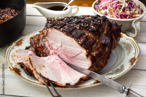 Close up of fresh roasted ham served on plate