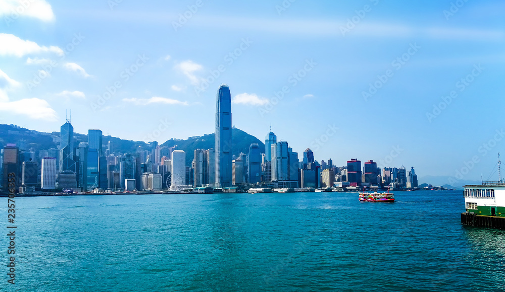 View from Kowloon over Victoria Harbor to the skyline of Hong Kong Island
