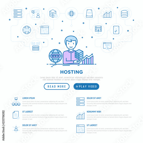 Hosting concept with thin line icons: VPS, customer support, domain name, automated backup, SSD, control panel, secure server, local network, SSL. Vector illustration, web page template.