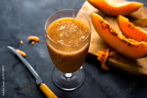 Close up of cantaloupe lime agua fresca with chia seeds