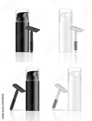 3D Mock up Realistic Bottle Shaving Cosmetic Cream and  Razor for moustache for man and hair women for silky smooth skin background illustration vector
